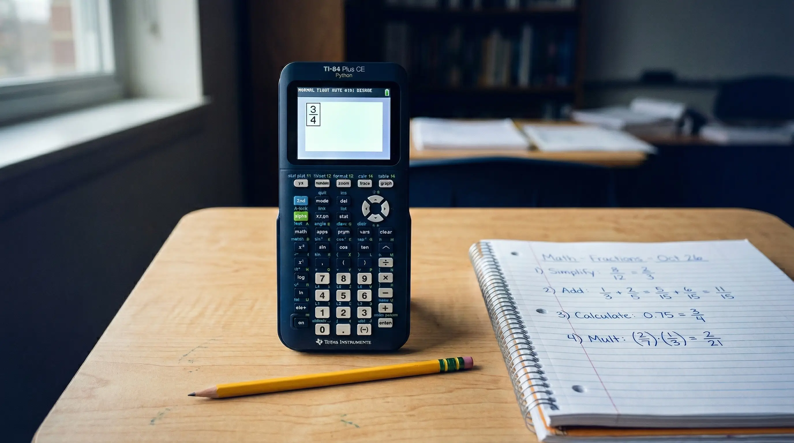 TI-84 Plus CE calculator showing the fraction template with numerator and denominator